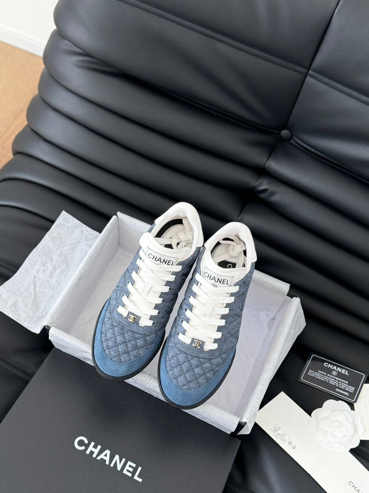 CHANEL SNEAKER IN AEGEAN BLUE MIX WHITE EMBROIDERED LAMBSKIN